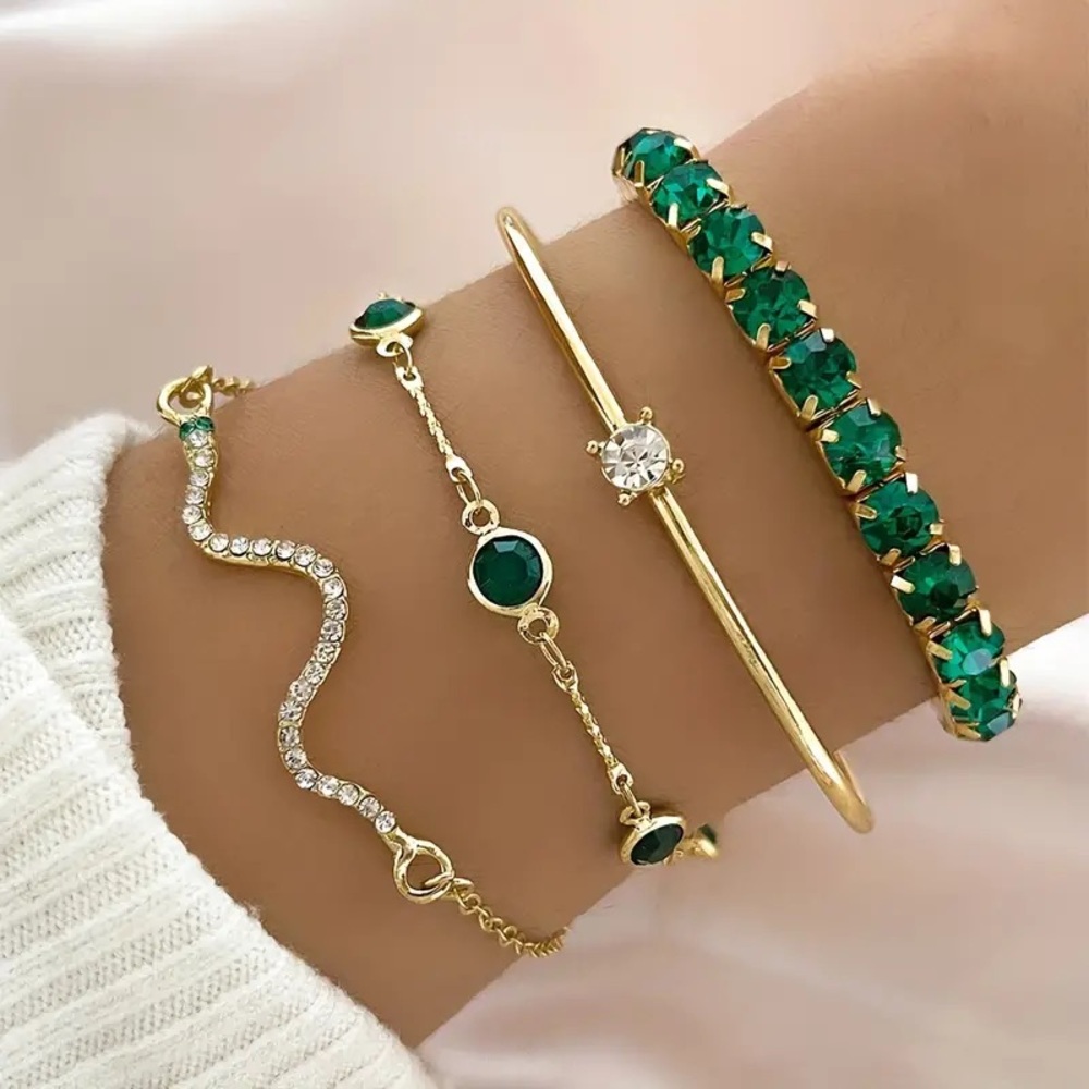 4pcs/Set Retro Elegant Snake Shape Full Rhinestones Bracelet Green
